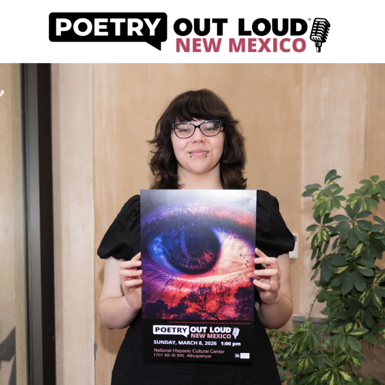 A member of the poetry out loud audience holding a poster with an eye on it